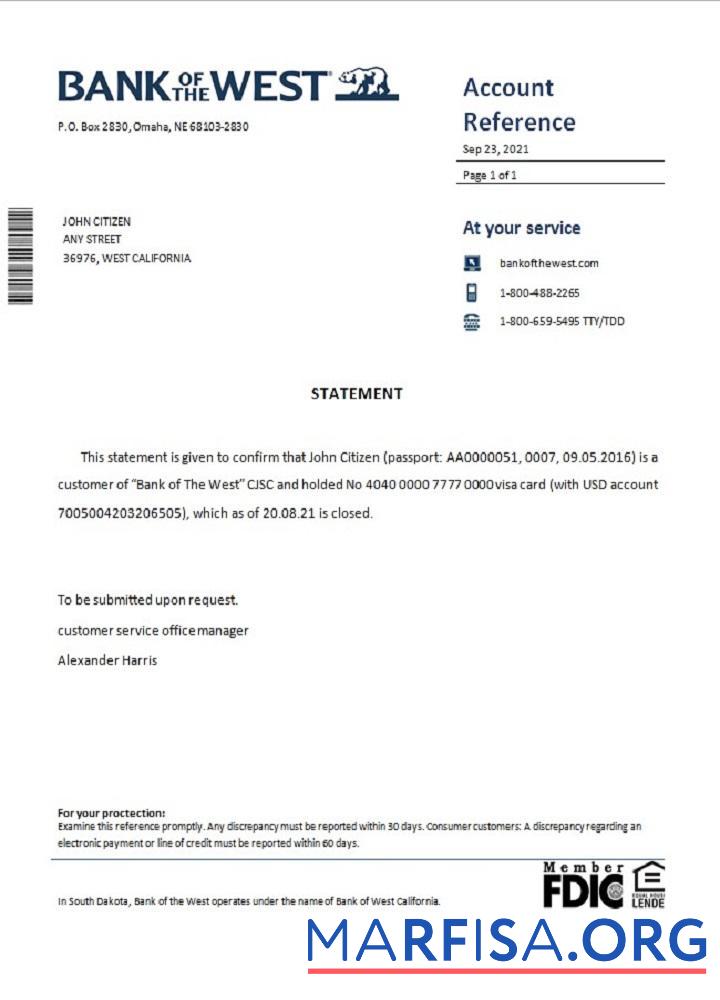 Printable USA Bank of the West closure reference real example